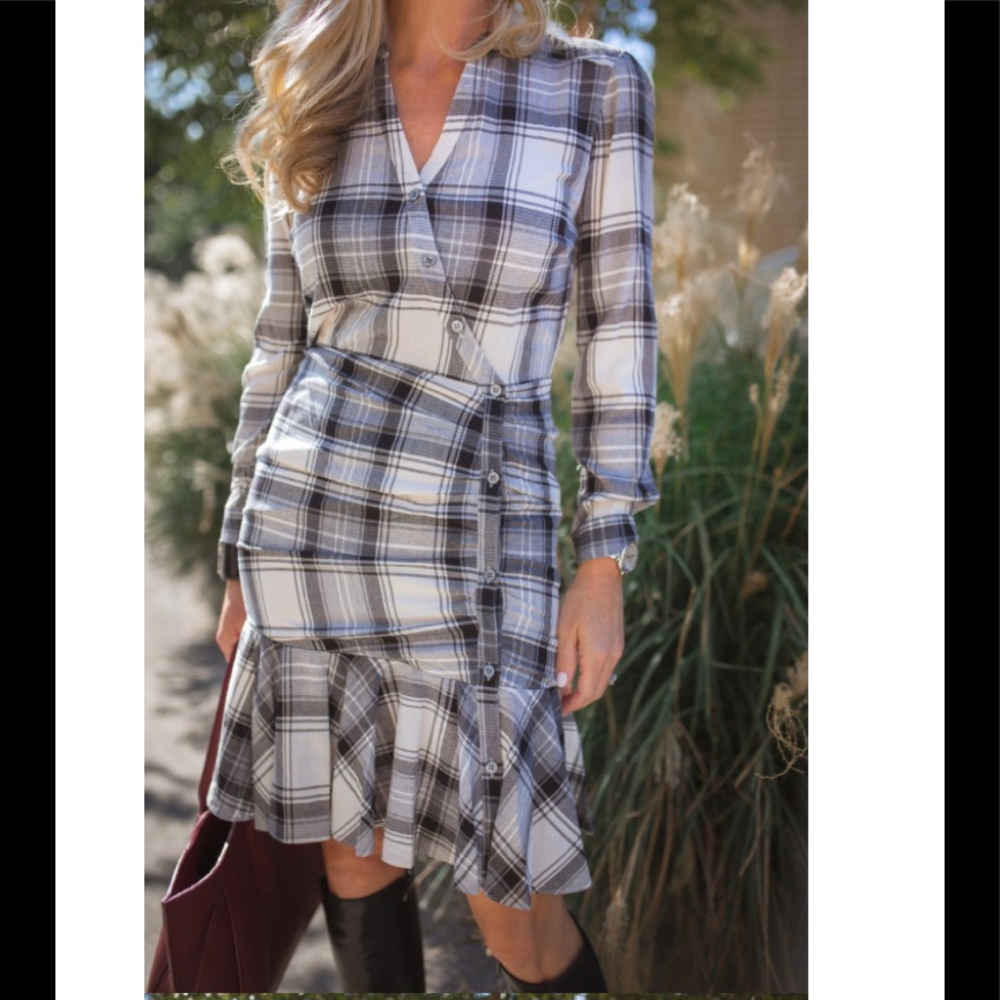 Veronica Beard Plaid Button-Front Ruffle Hem Dress in White and Gray